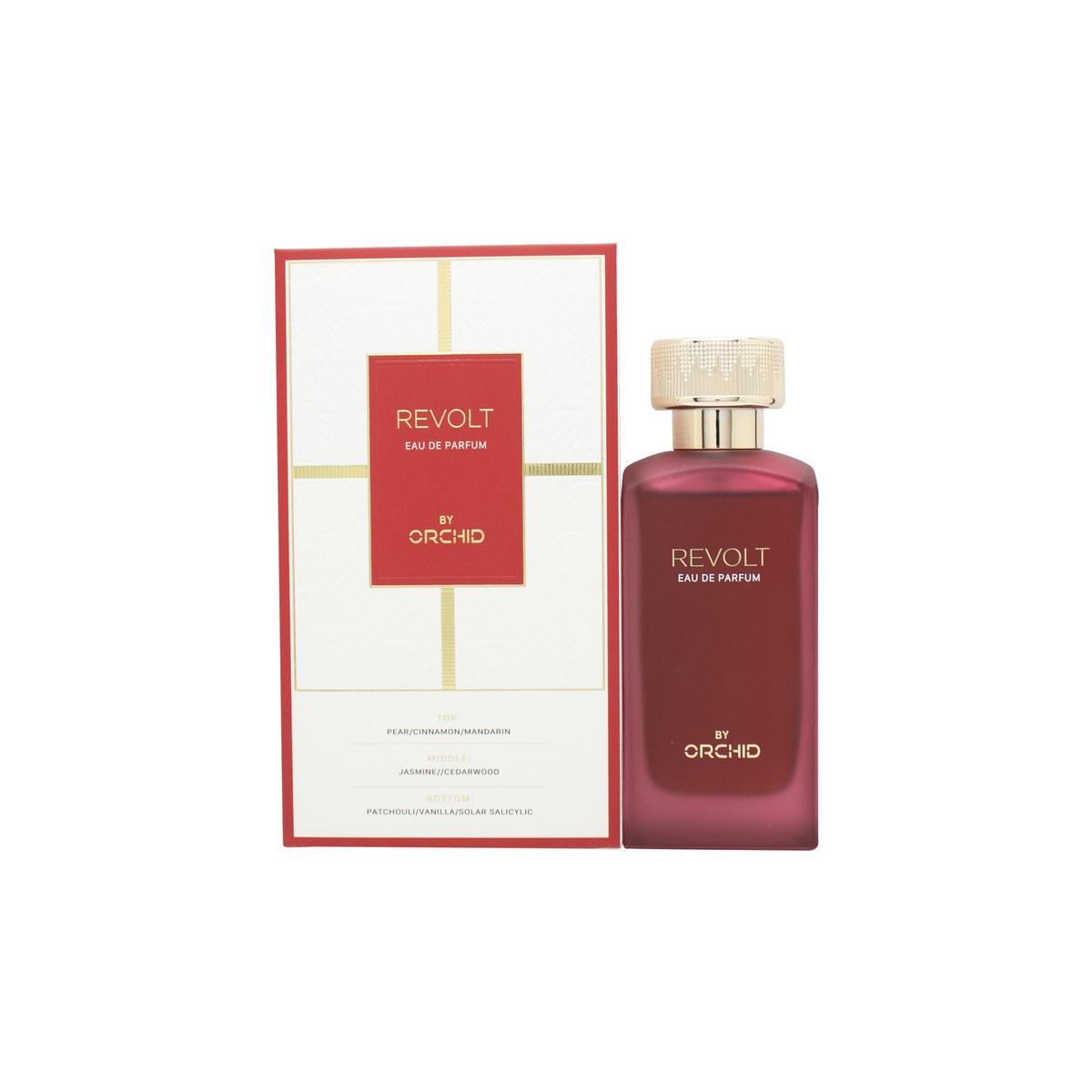 Orchid Revolt Eau De Parfum 100ml fra Orchid 100 ml – mørk lilla glasflaske med gylden hætte og enkel, elegant form.