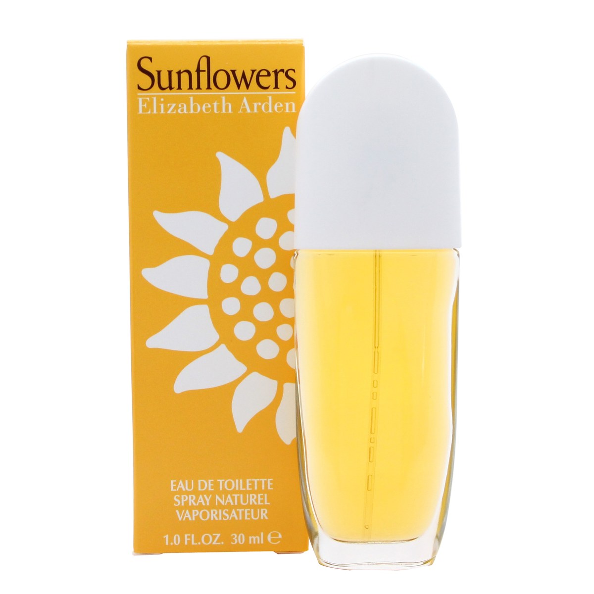 Sunflowers Eau De Toilette Elizabeth Arden 30 ml klar glasflakon med gul duft, afrundet form, hvid låg og solsikkemotiv