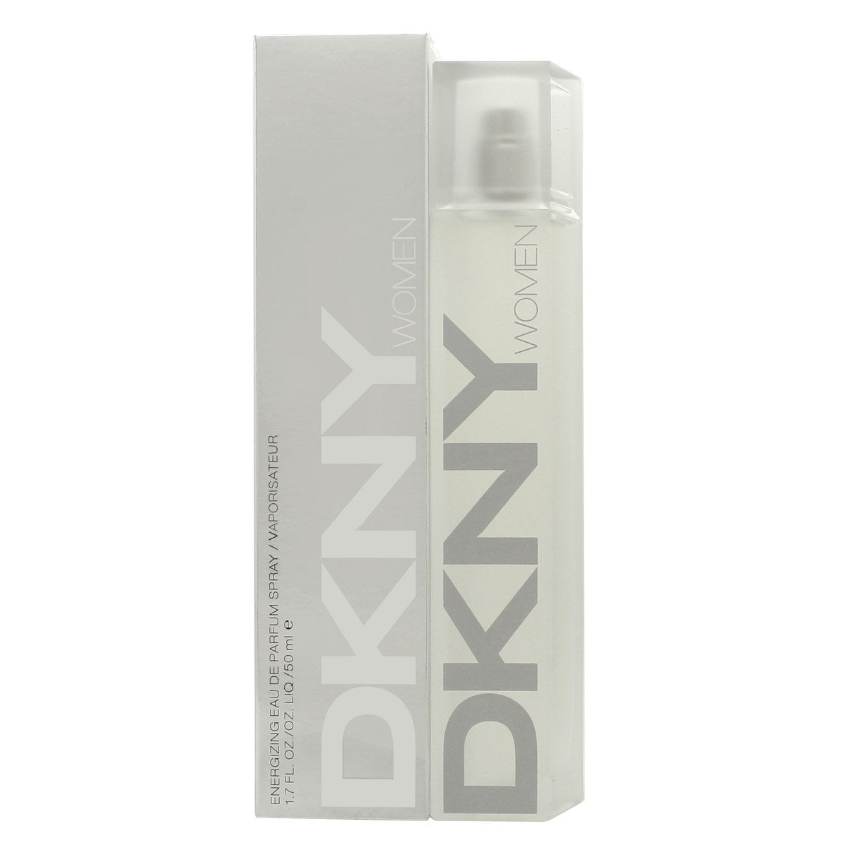 DKNY Energizing Eau de Parfum 50 ml, klar slank glasflaske med sølvfarvet låg og minimalistisk, urbant design.