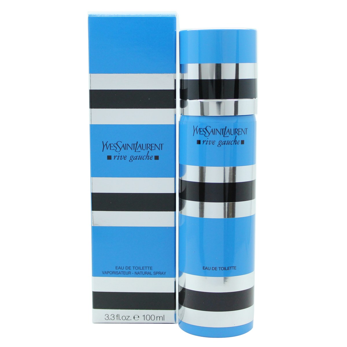 Yves Saint Laurent Rive Gauche Eau de Toilette 100 ml – blå metalflakon med sølvstriber og cylindrisk form.