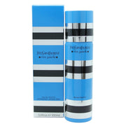 Yves Saint Laurent Rive Gauche Eau de Toilette 100 ml – blå metalflakon med sølvstriber og cylindrisk form.