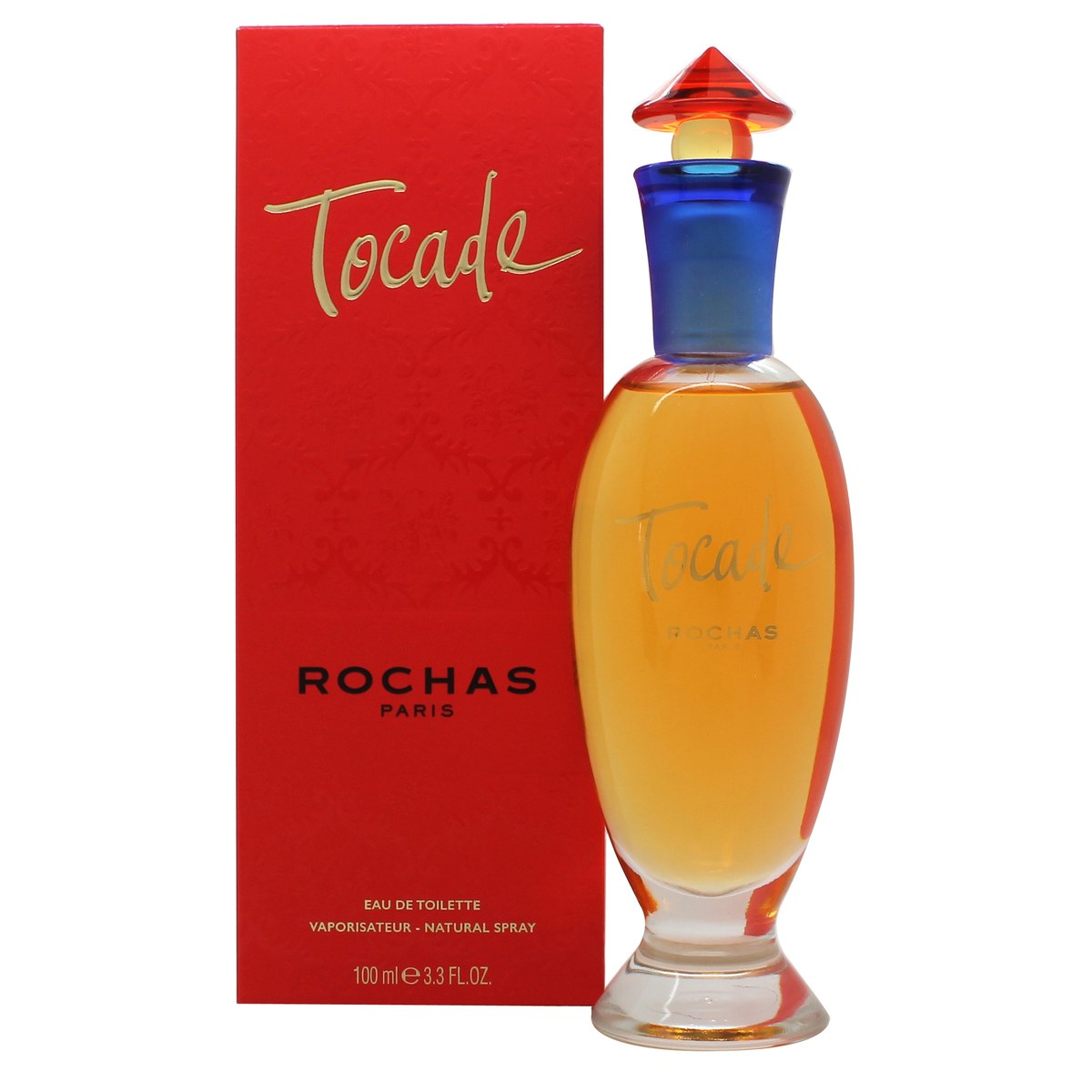 Rochas Tocade Eau De Toilette 100 ml, Rochas – rød skulpturel flakon med bløde kurver og gylden spray