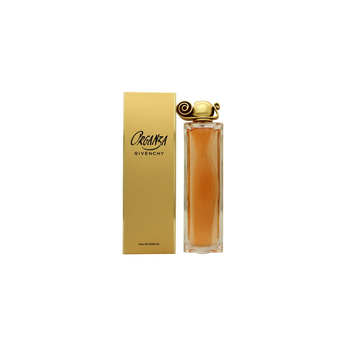 Organza Eau De Parfum Givenchy 100 ml, høj facetslebet flakon i gylden amber med skulpturel form og klassisk udtryk