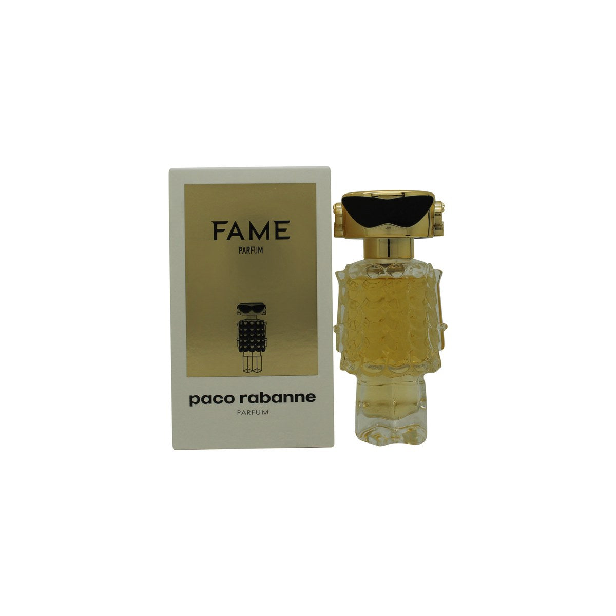 Paco Rabanne Fame Parfum Eau de Parfum 30 ml – gylden robotformet flaske med sort top og spejlblank finish