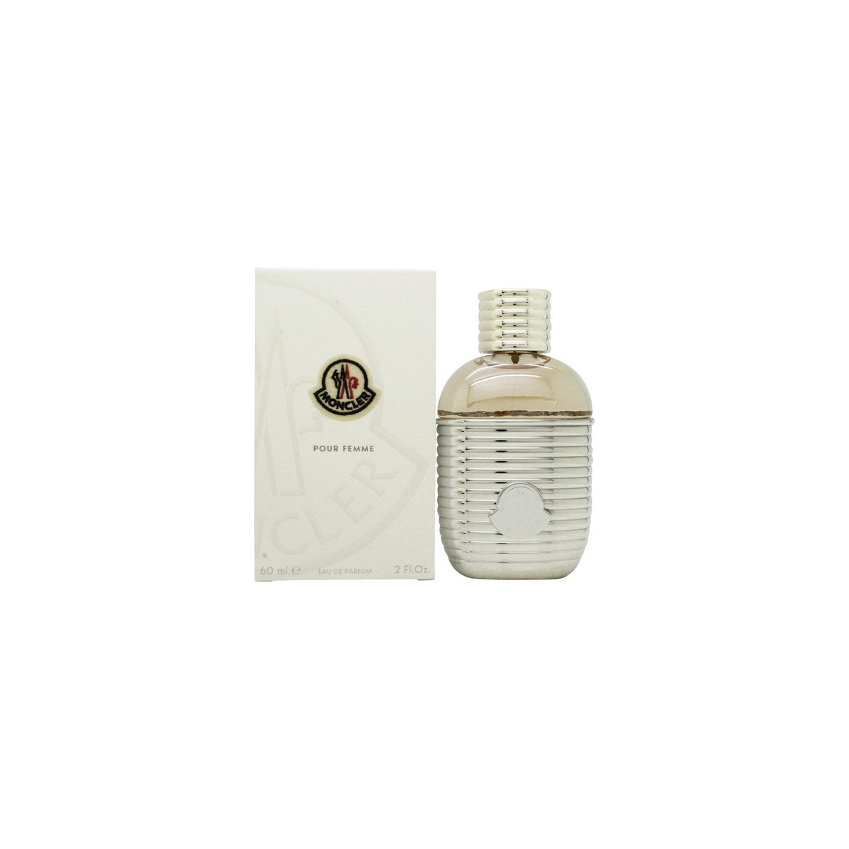 Moncler Pour Femme Eau De Parfum Moncler 60 ml i klar glasflaske med sølvfarvet låg, minimalistisk bjerginspireret design