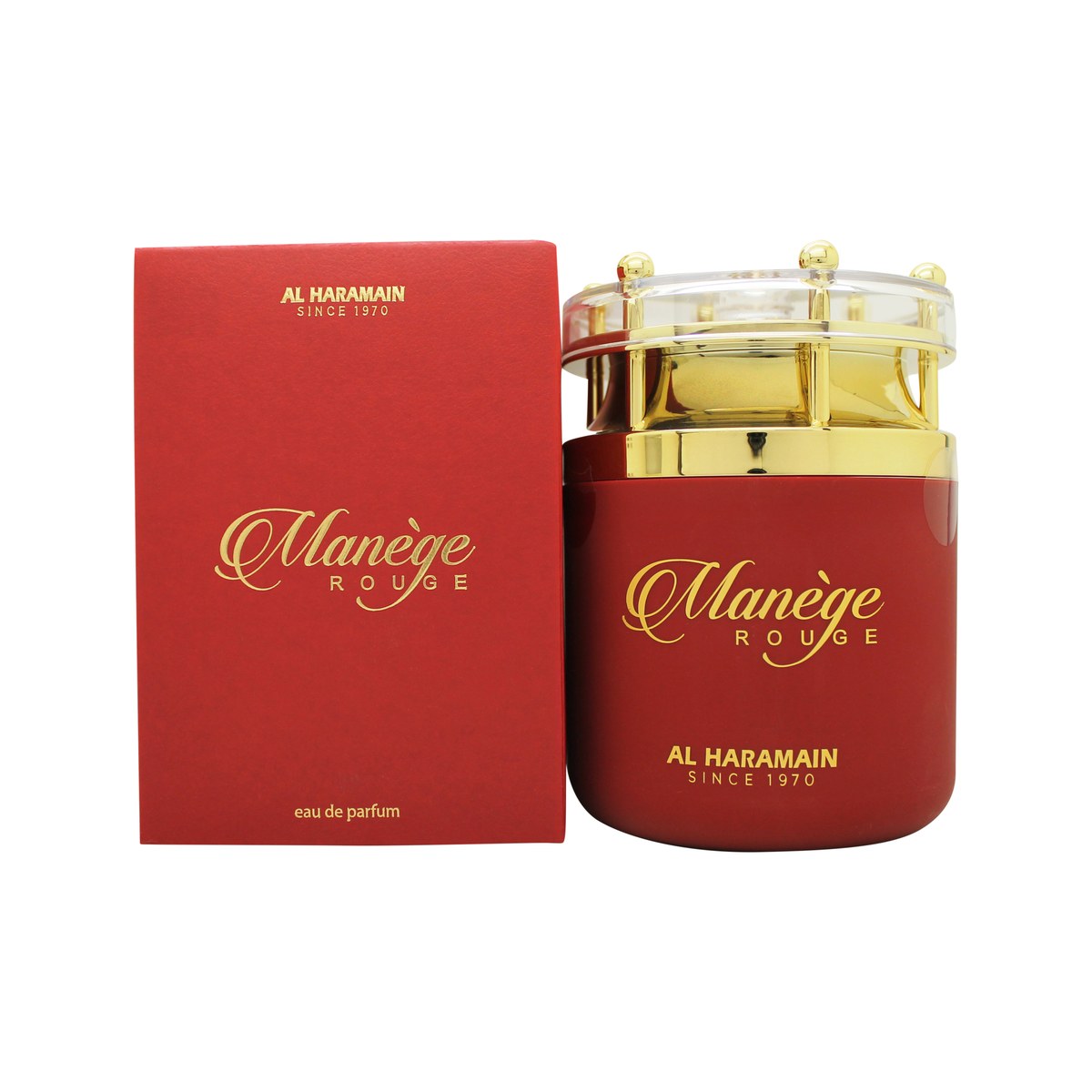 Manege Rouge Eau De Parfum Al Haramain 75 ml, dybrød flakon i afrundet glas med gylden hætte formet som hestehoved
