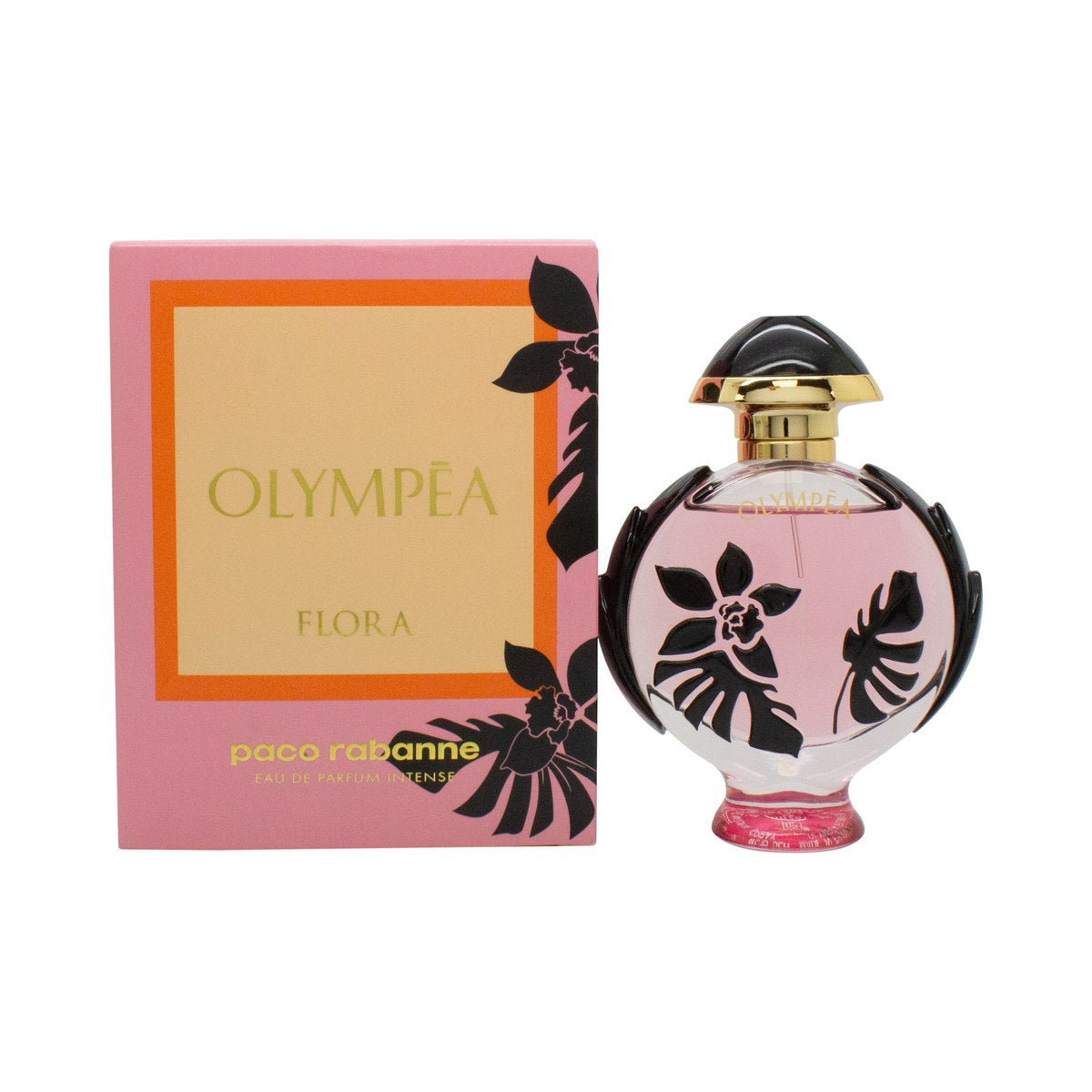 Paco Rabanne Olympéa Flora Eau de Parfum Intense 50ml i laurbærformet flakon med rosa-sort glas og sorte vinger