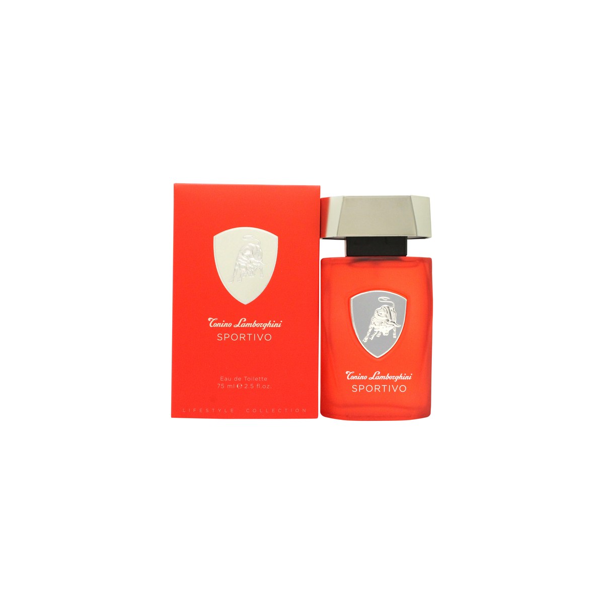 Lamborghini Sportivo Eau de Toilette 75 ml fra Lamborghini – sort, kantet flakon med røde detaljer og sølvlåg