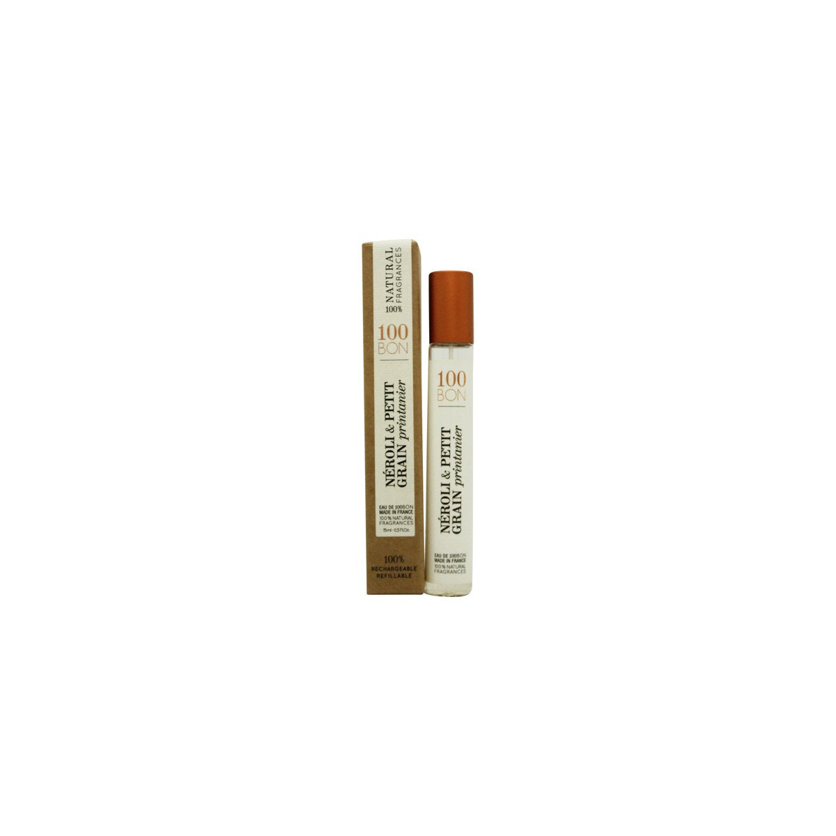 100BOn Néroli & Petit Grain Printanier Eau de Toilette 15ml, 100BON, 15 ml, klar glasflaske med sort spray og hvid etiket.