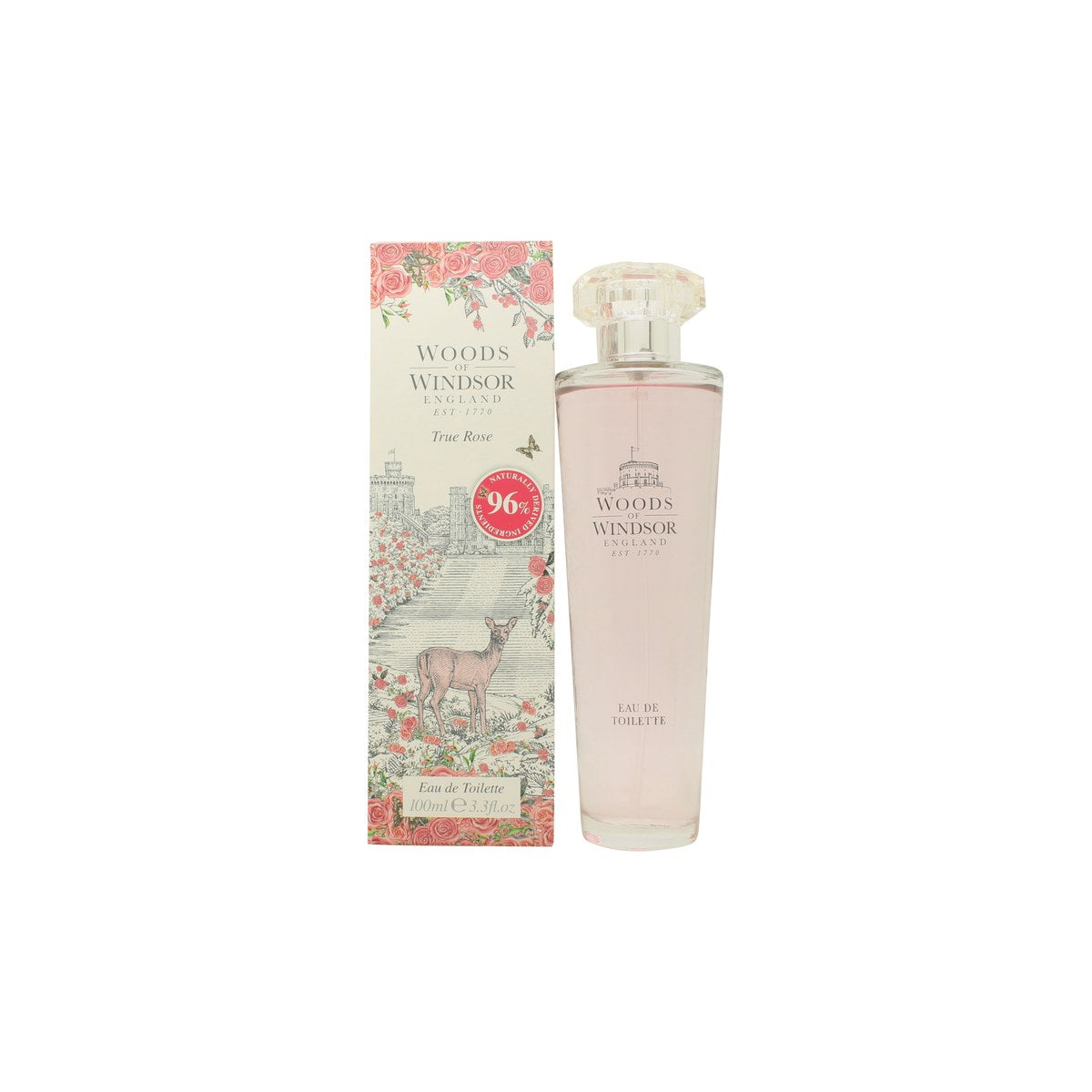 Woods of Windsor True Rose Eau de Toilette 100 ml – klar glasflaske med rosafarvet indhold og sølvlåg