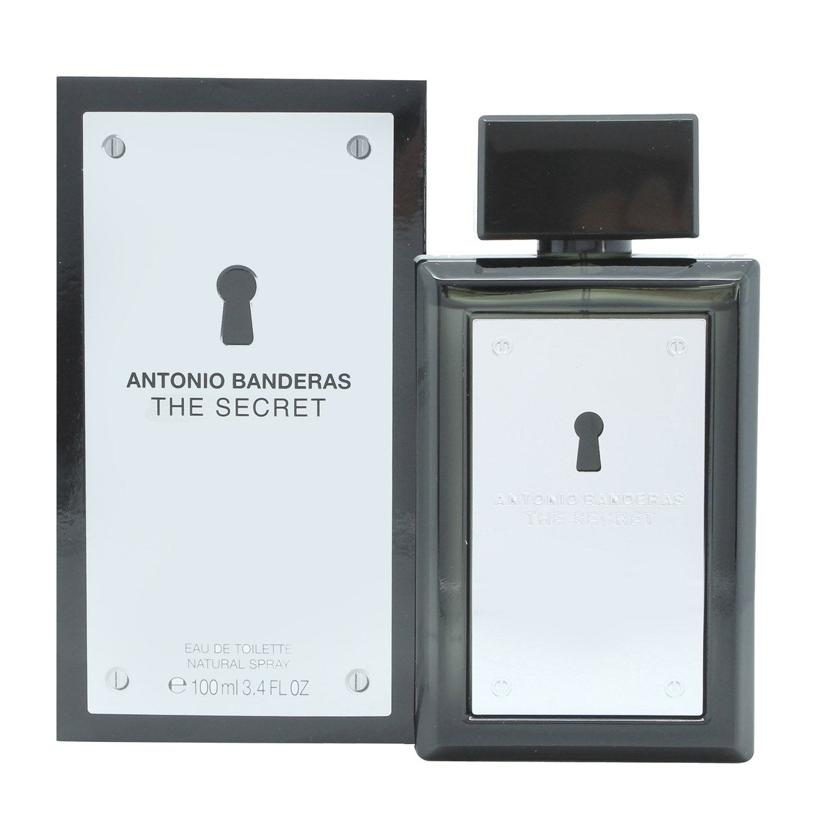 Antonio Banderas The Secret Eau de Toilette 100ml – mørk rektangulær glasflakon med sort låg og diskret nøglemotiv foran