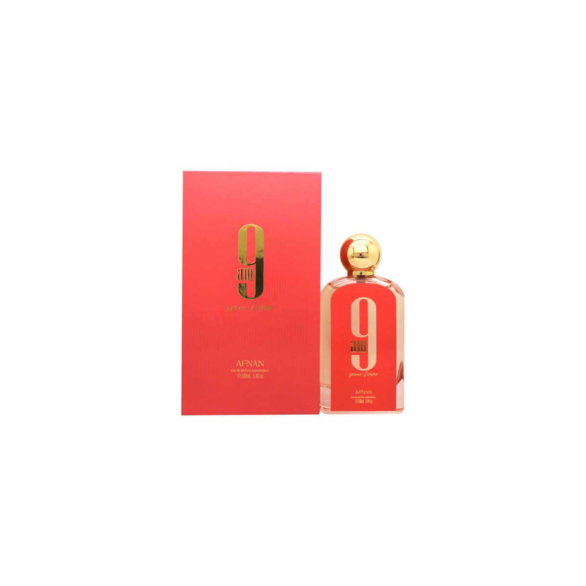 Afnan 9AM Pour Femme Eau de Parfum 100 ml fra Afnan, lyserød firkantet flaske med sølvfarvet låg og bløde kanter.