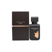 Rasasi La Yuqawam Pour Homme Eau de Parfum, Rasasi, 75 ml – brun læderbeklædt flakon med gylden hætte og frontplade i metal