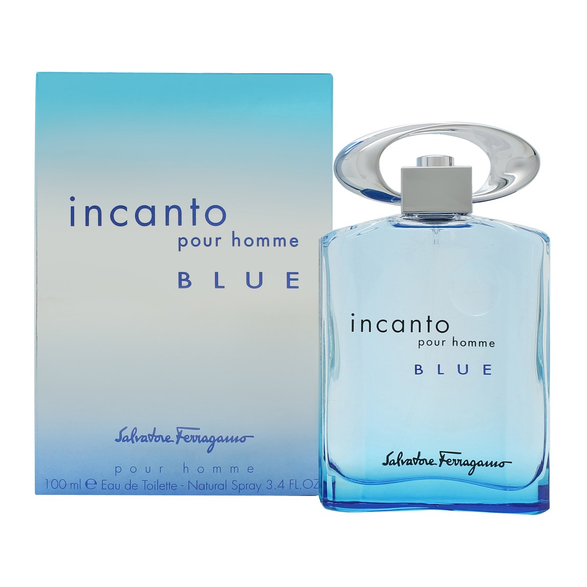 Salvatore Ferragamo Incanto Pour Homme Blue Eau de Toilette 100 ml – blå glasflaske med sølvhals og mørkt låg