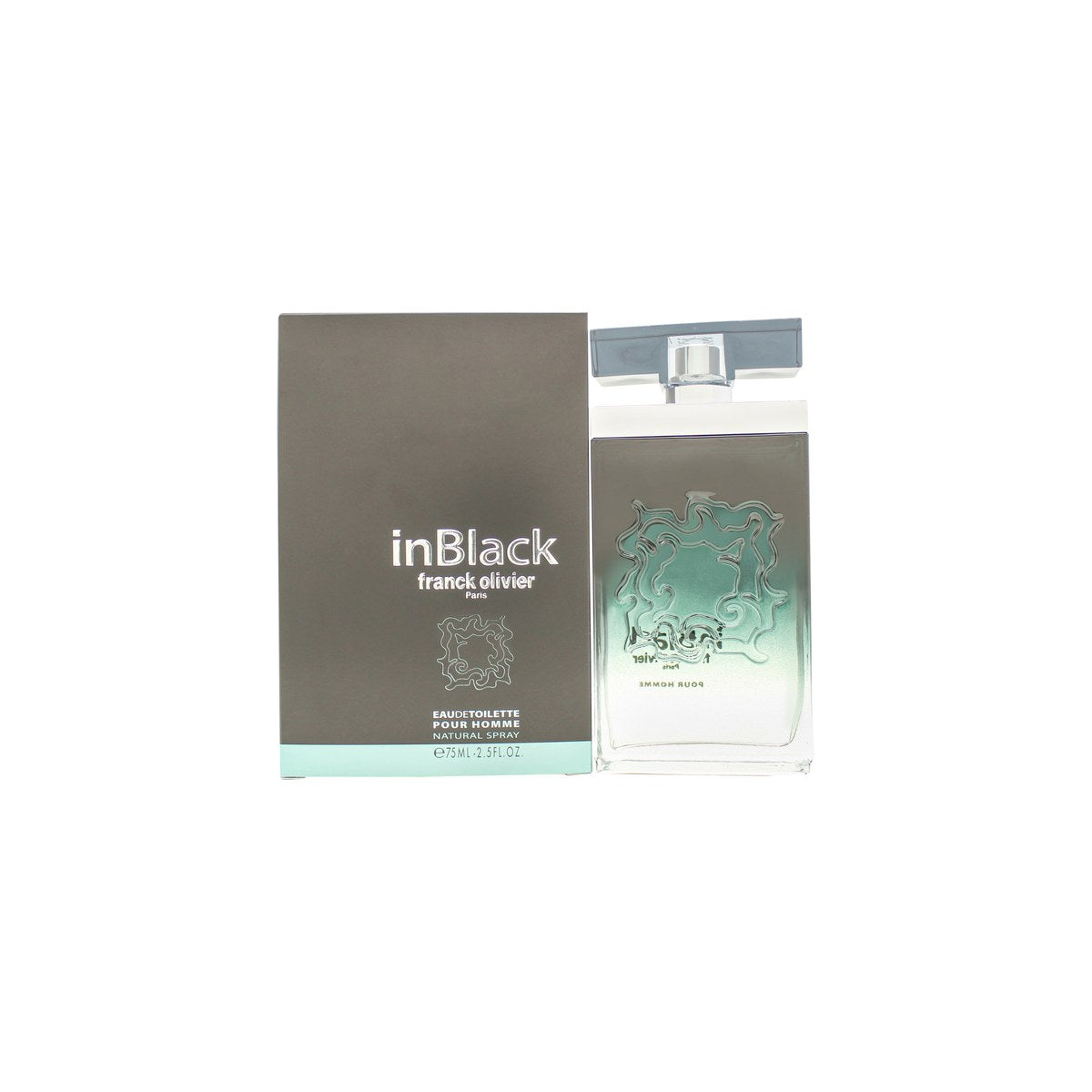 Franck Olivier In Black Eau de Toilette 75 ml fra Franck Olivier, sort rund flakon med sølvdetaljer og mørkt, elegant udtryk.