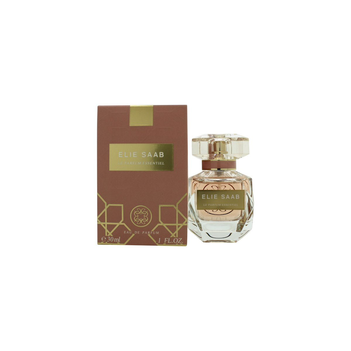 Le Parfum Essentiel Eau De Parfum Elie Saab 30 ml, klar facetslebet glasflakon med sart rosa duft, gulddetaljer