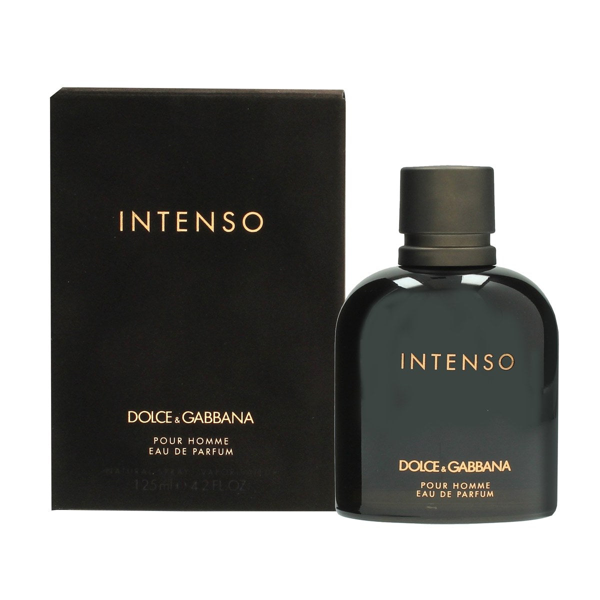 Dolce & Gabbana Pour Homme Intenso Eau de Parfum 125 ml – mørkebrun rektangulær glasflakon med sort låg og gyldent logo
