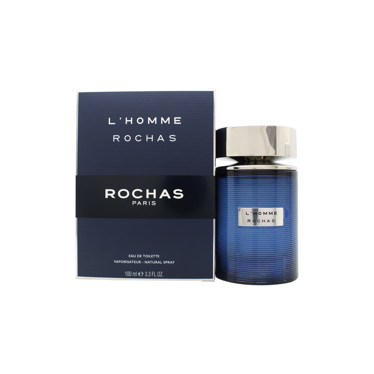 L'Homme Rochas Eau De Toilette 100 ml, dybblå glasflakon med lodret rillet relief, metalplade foran og tung base