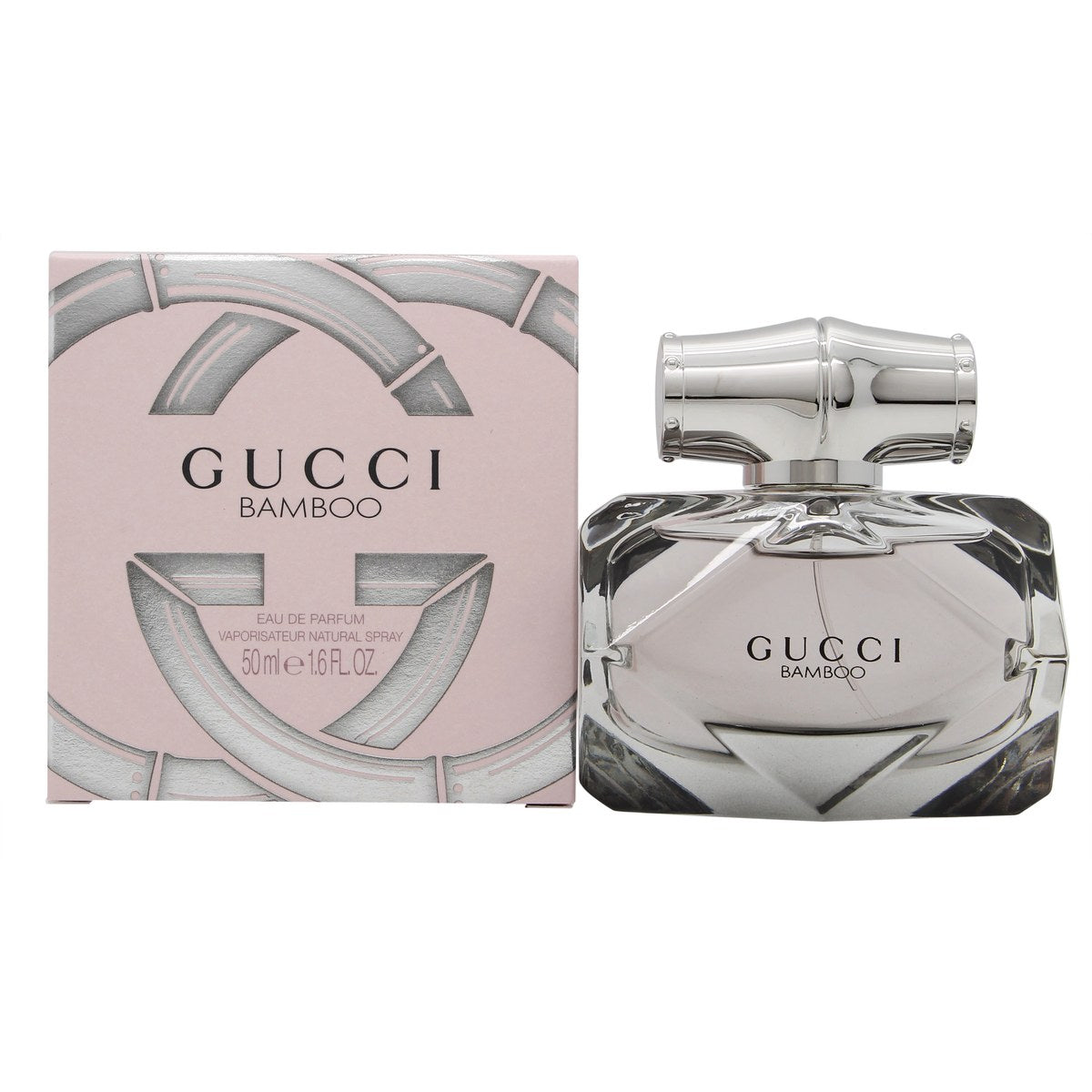Gucci Bamboo Eau De Parfum, Gucci, 50 ml – klar glasflakon med lyserød duft, facetteret form og bambusinspireret låg