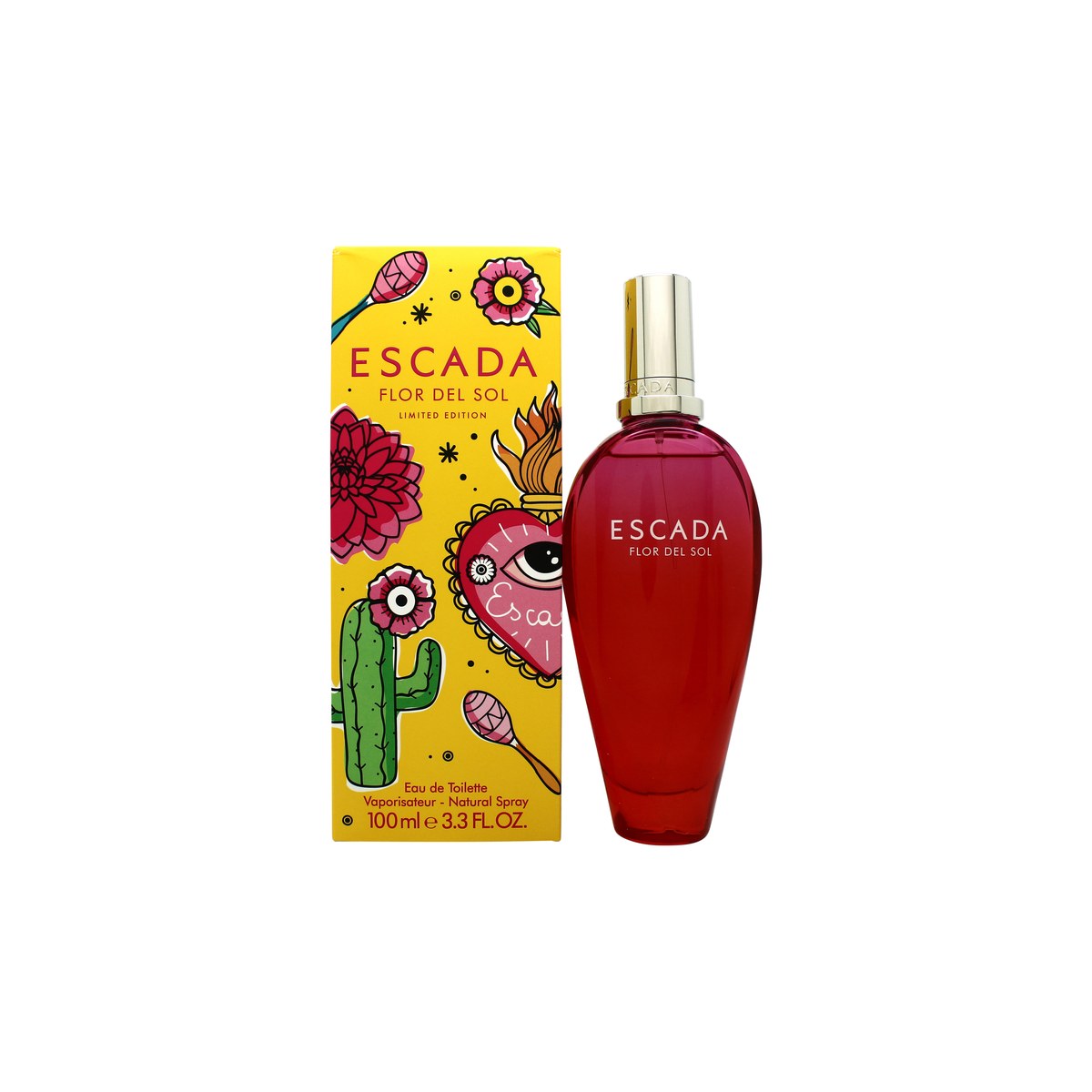 Flor Del Sol Limited Edition Eau De Toilette, Escada, 100 ml – gradientrød flaske med slank form og mexicanske blomstermotiver