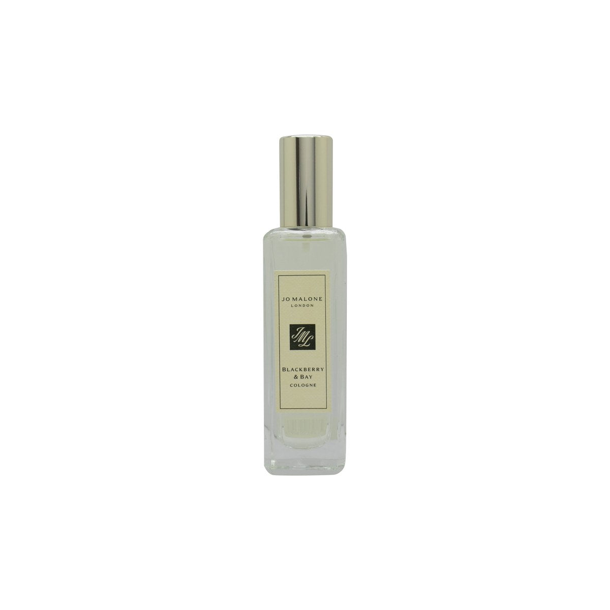 Jo Malone Blackberry & Bay Eau de Cologne 30 ml – klar rektangulær glasflaske med sort låg og cremefarvet etiket