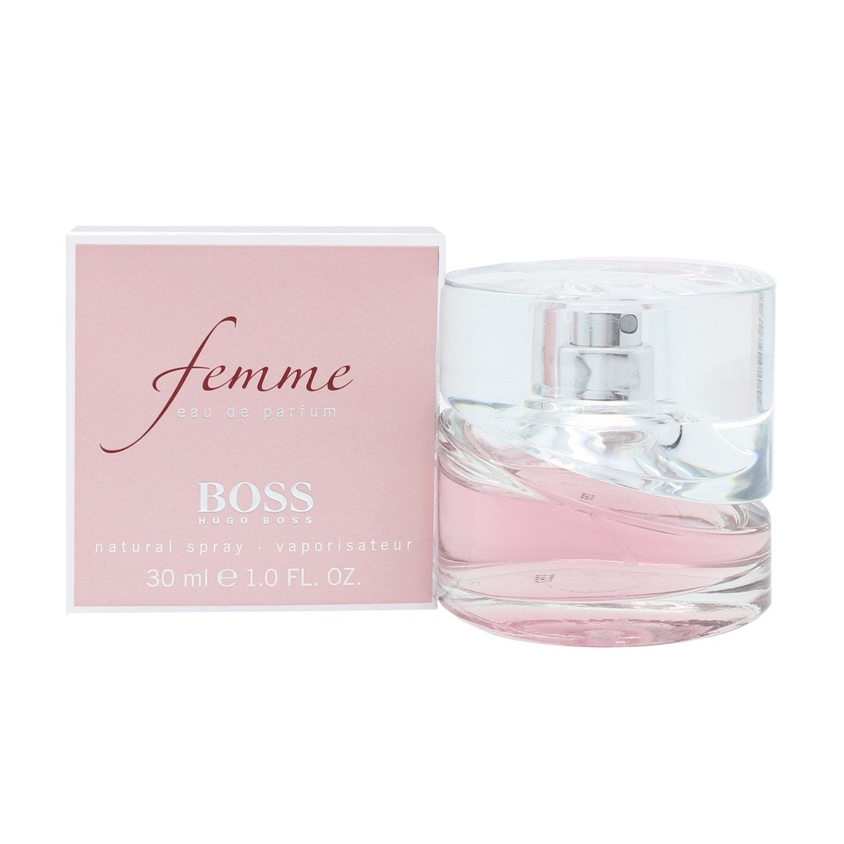 Boss Femme Eau De Parfum, Hugo Boss, 30 ml – lyserød, elegant kurvet parfumeflaske i mat glas med sølvfarvet spray