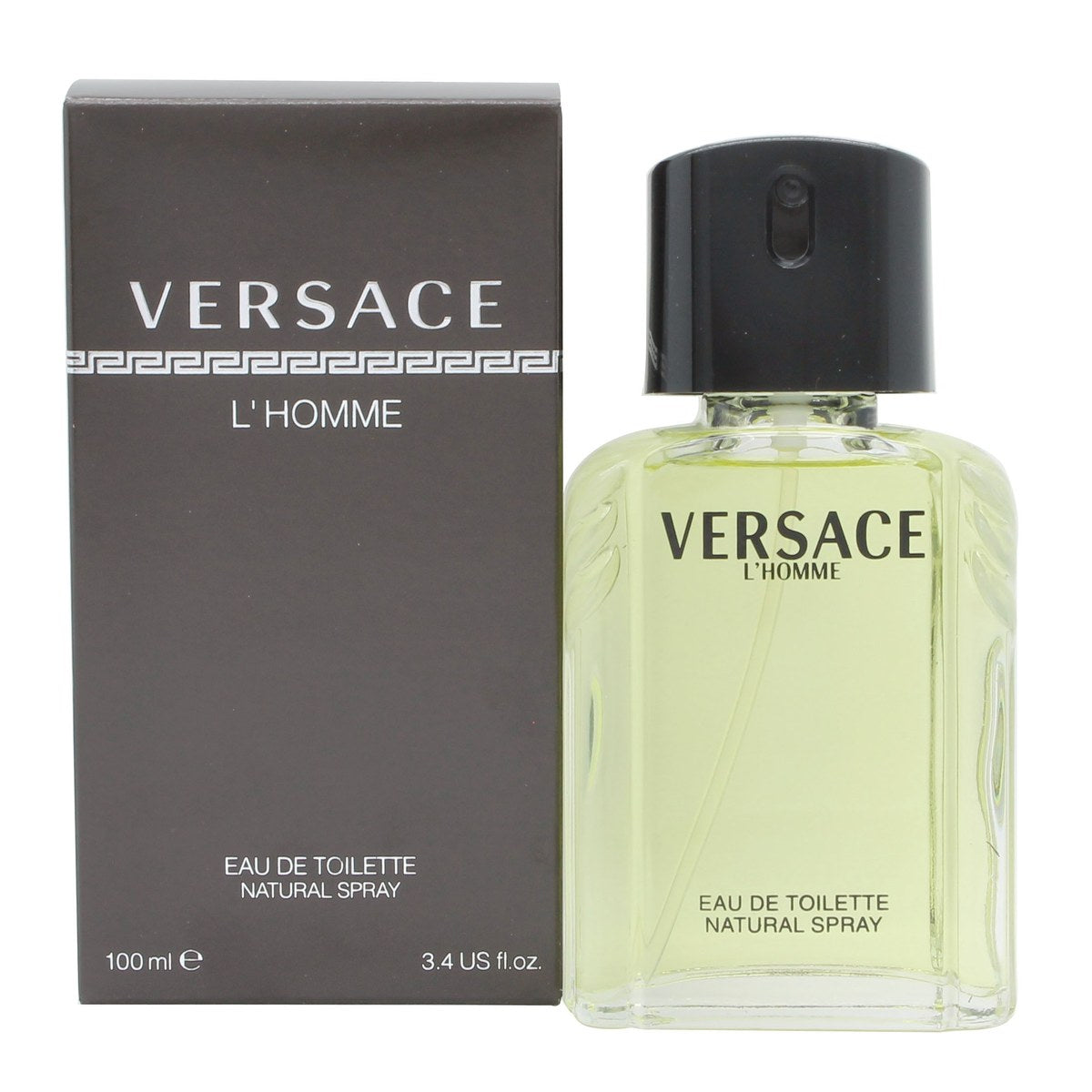 Versace L'Homme Eau De Toilette, Versace, 100 ml – klar rektangulær glasflaske med gylden væske og guldfarvet hætte