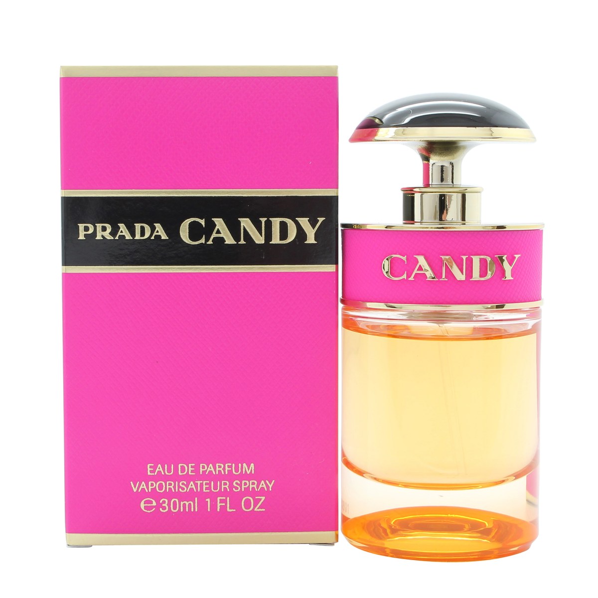 Prada Prada Candy Eau de Parfum 30 ml, Prada – rund flakon i rosa glas med guldfarvet top og sort låg