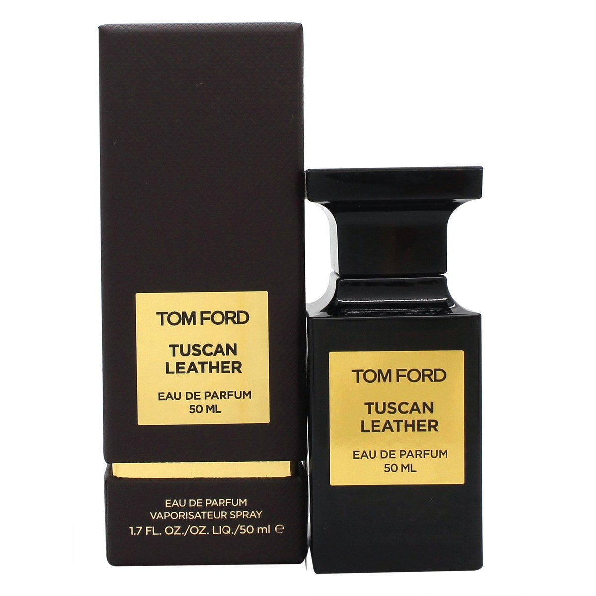 Tom Ford Private Blend Tuscan Leather Eau de Parfum 50 ml – ravfarvet flakon med sort etiket og guldfarvet låg