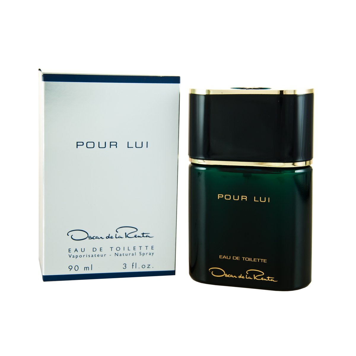 Pour Lui Eau De Toilette Oscar De La Renta 90 ml, dybblå rektangulær flaske med gyldent tryk og stjerner, klassisk design