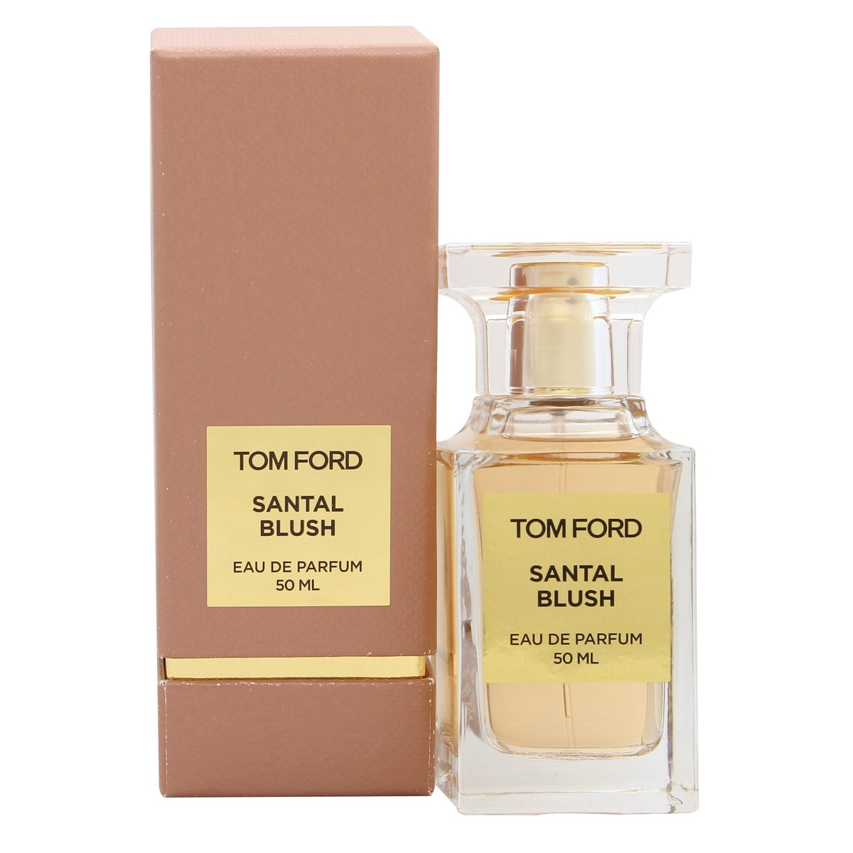 Tom Ford Private Blend Santal Blush Eau de Parfum 50 ml – rosatonet rektangulær glasflaske med gylden etiket og låg