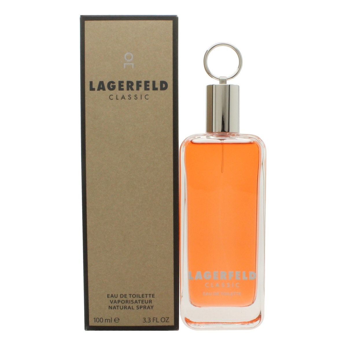 Karl Lagerfeld Classic Eau de Toilette, Karl Lagerfeld, 100 ml – mørk rektangulær glasflaske med sort prop og hvid etiket