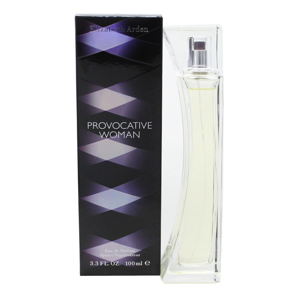 Provocative Woman Eau De Parfum, Elizabeth Arden, 100 ml – klar glasflaske med feminine kurver, lyserød duft og sølvfarvet spraytop
