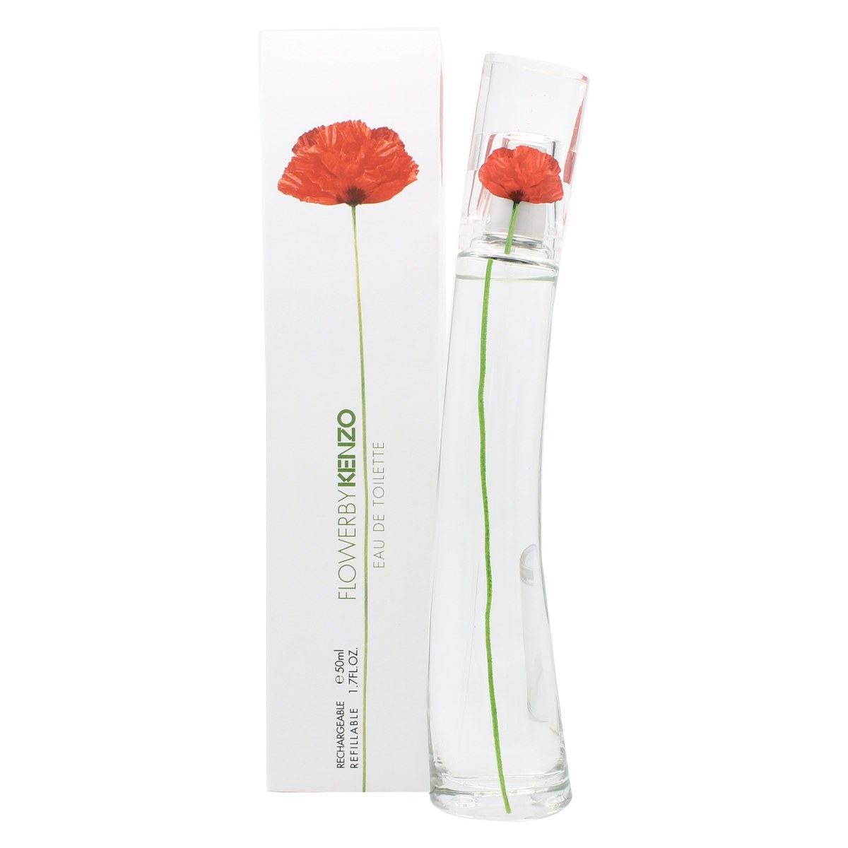 Kenzo Flower Eau de Toilette 50 ml fra Kenzo i slank, klar glasflaske med rød valmue og sølvtop
