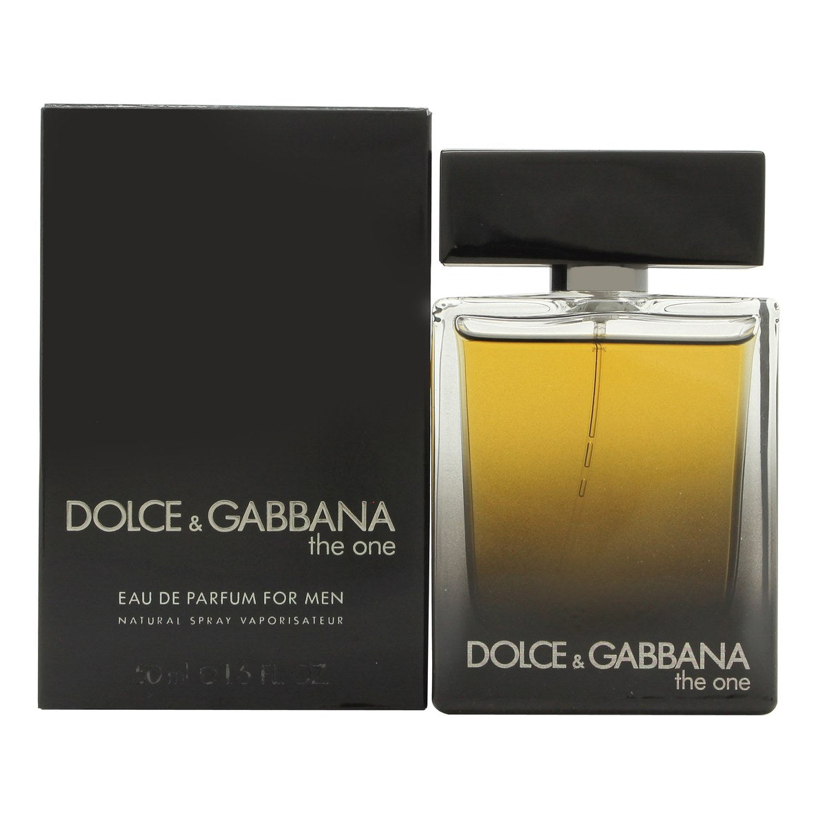 The One For Men Eau De Parfum Dolce & Gabbana 50 ml, mørk ravfarvet rektangulær flakon i glas med sort firkantet låg