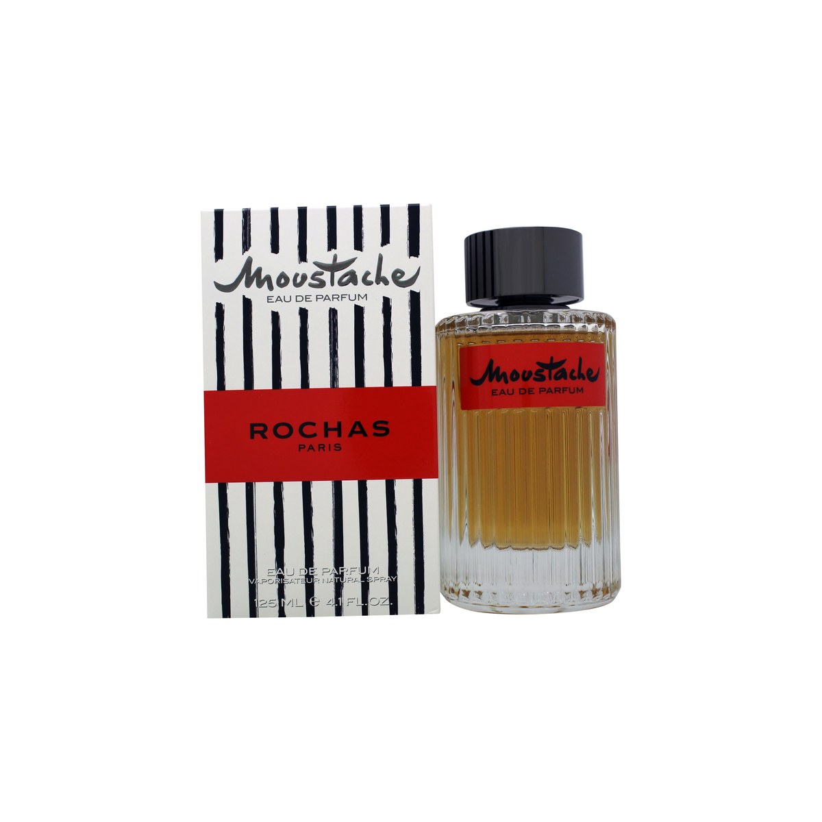 Rochas Moustache Eau de Parfum 125 ml fra Rochas, mørk blå rektangulær flakon med sort låg og sølvdetaljer