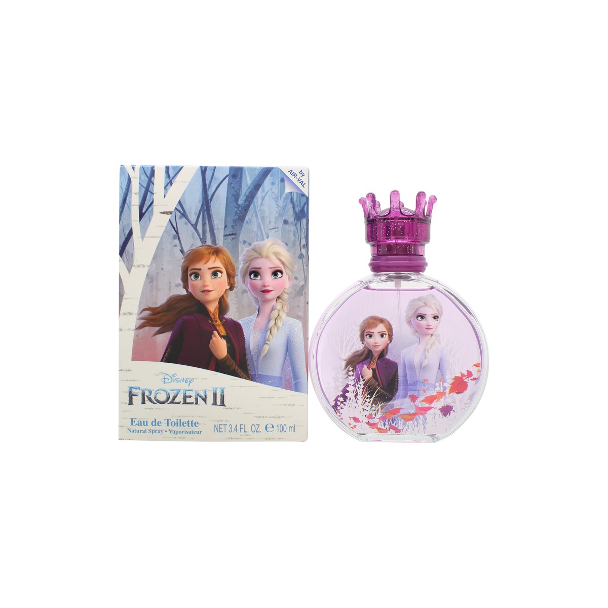 Disney Frozen II Eau de Toilette 100 ml – lyseblå, transparent flakon med Elsa og Anna motiv og sølvfarvet låg