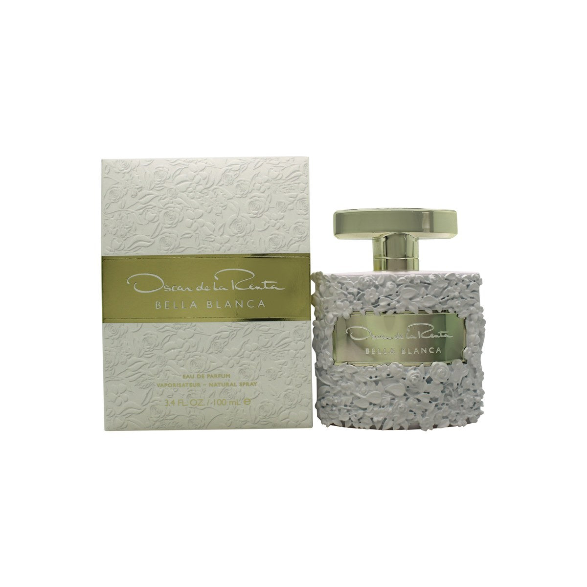 Bella Blanca Eau De Parfum Oscar De La Renta 100 ml, klar glasflaske med hvide blomsterrelieffer og gylden navneplade