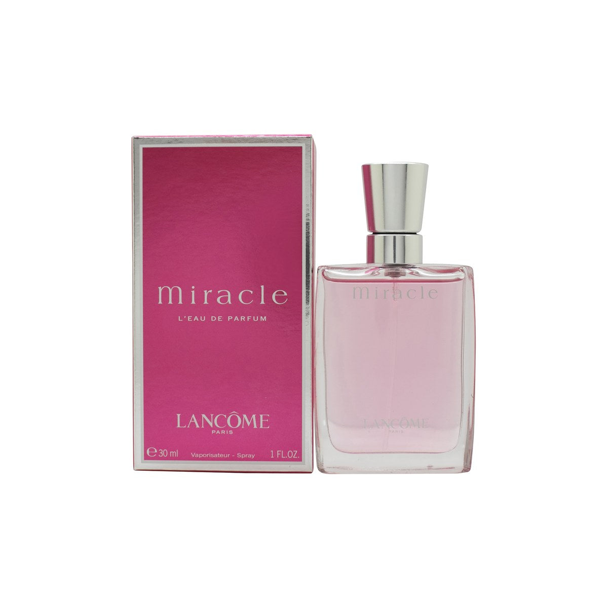Lancome Miracle Eau de Parfum 30ml, Lancôme, 30 ml – klart glasflakon med lyserød duft og sølvfarvet låg
