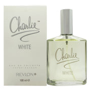 Revlon Charlie White Eau De Toilette 100 ml klar glasflaske med enkel rektangulær form, hvidt låg og label