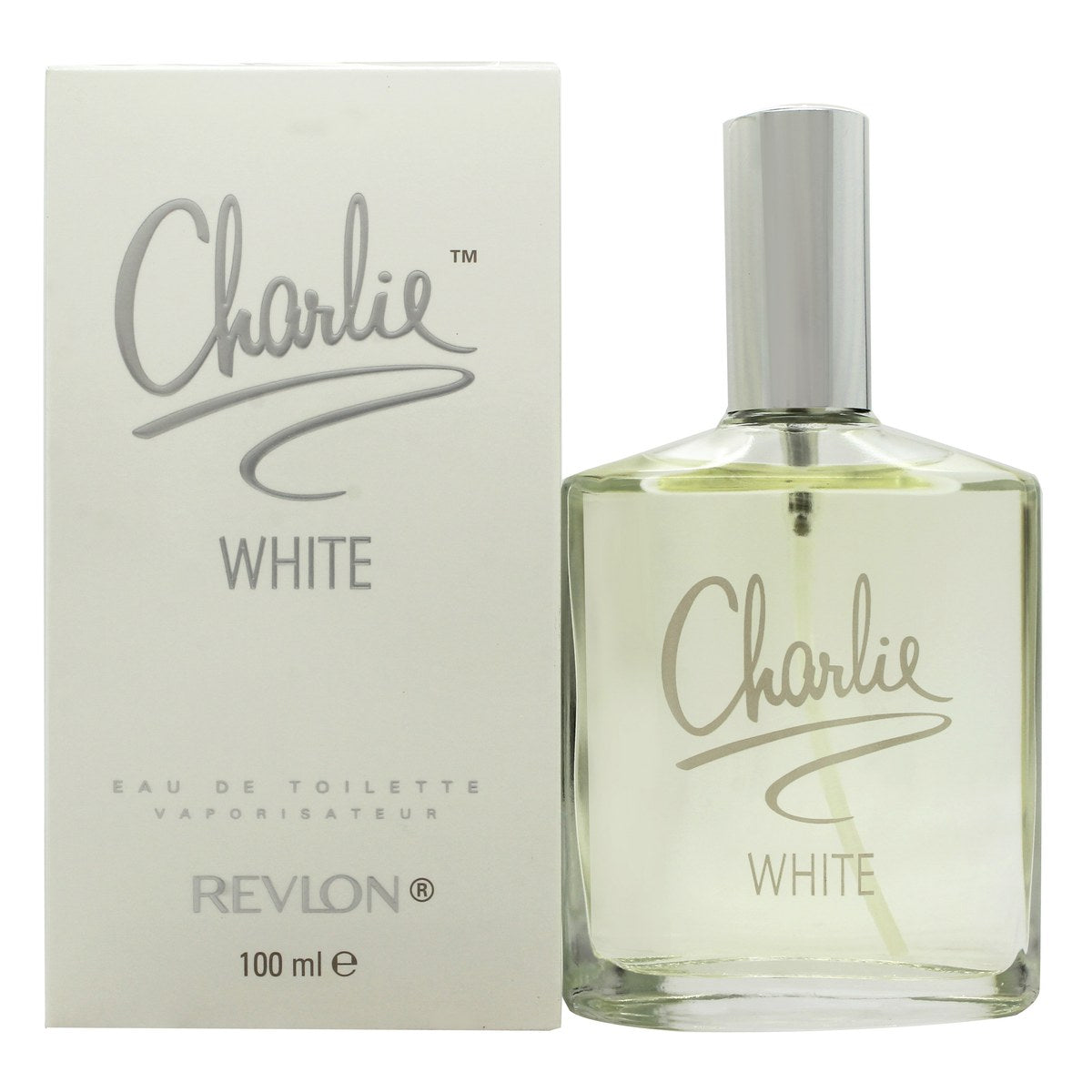 Revlon Charlie White Eau De Toilette 100 ml klar glasflaske med enkel rektangulær form, hvidt låg og label