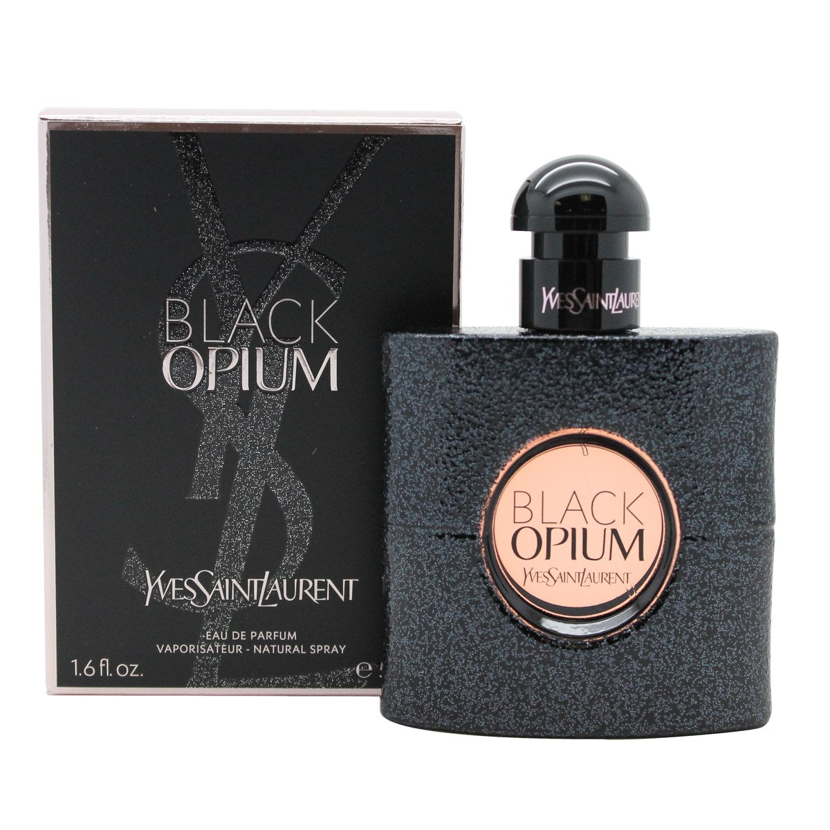 Yves Saint Laurent Black Opium Eau de Parfum 50 ml, Yves Saint Laurent – sort glitterflakon med rund pink logo og sort låg