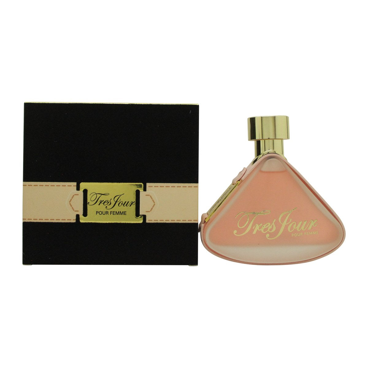 Armaf Tres Jour Eau de Parfum 100 ml fra Armaf, hvid rektangulær flakon med guldlåg og rundt guldemblem.