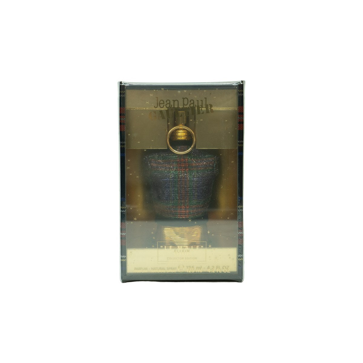 Le Male Elixir Parfum Collector Edition Jean Paul Gaultier 125 ml gylden mandetorsoflakon med stribet overflade og metallisk finish.