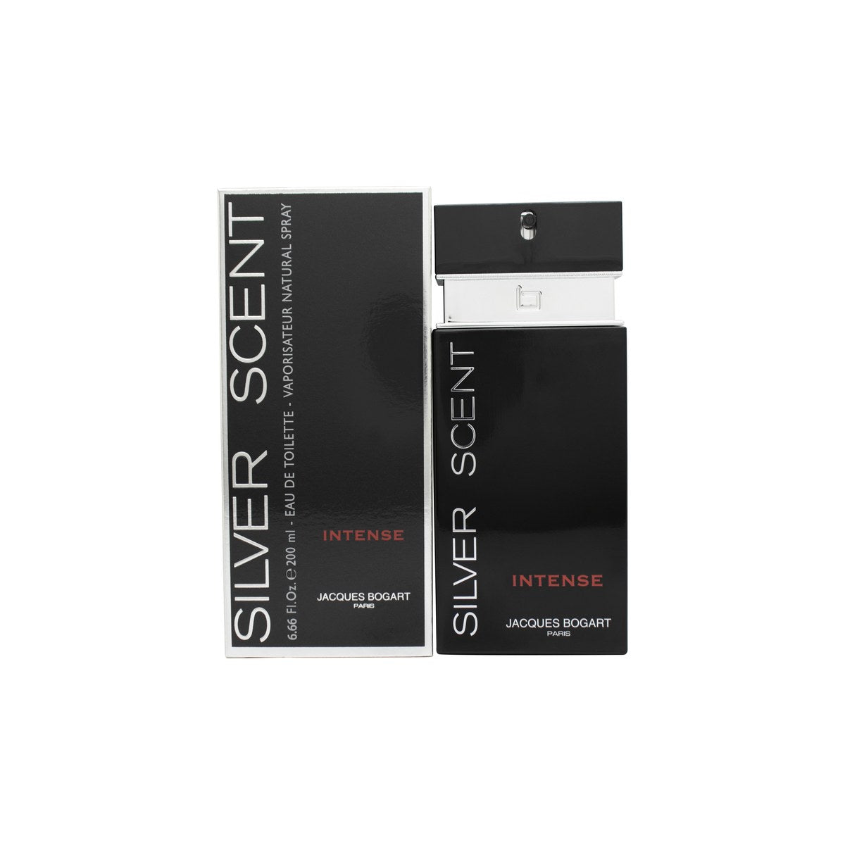 Jacques Bogart Silver Scent Intense Eau de Toilette 200 ml – mørk rektangulær glasflaske med sølvgrå front og sort logo
