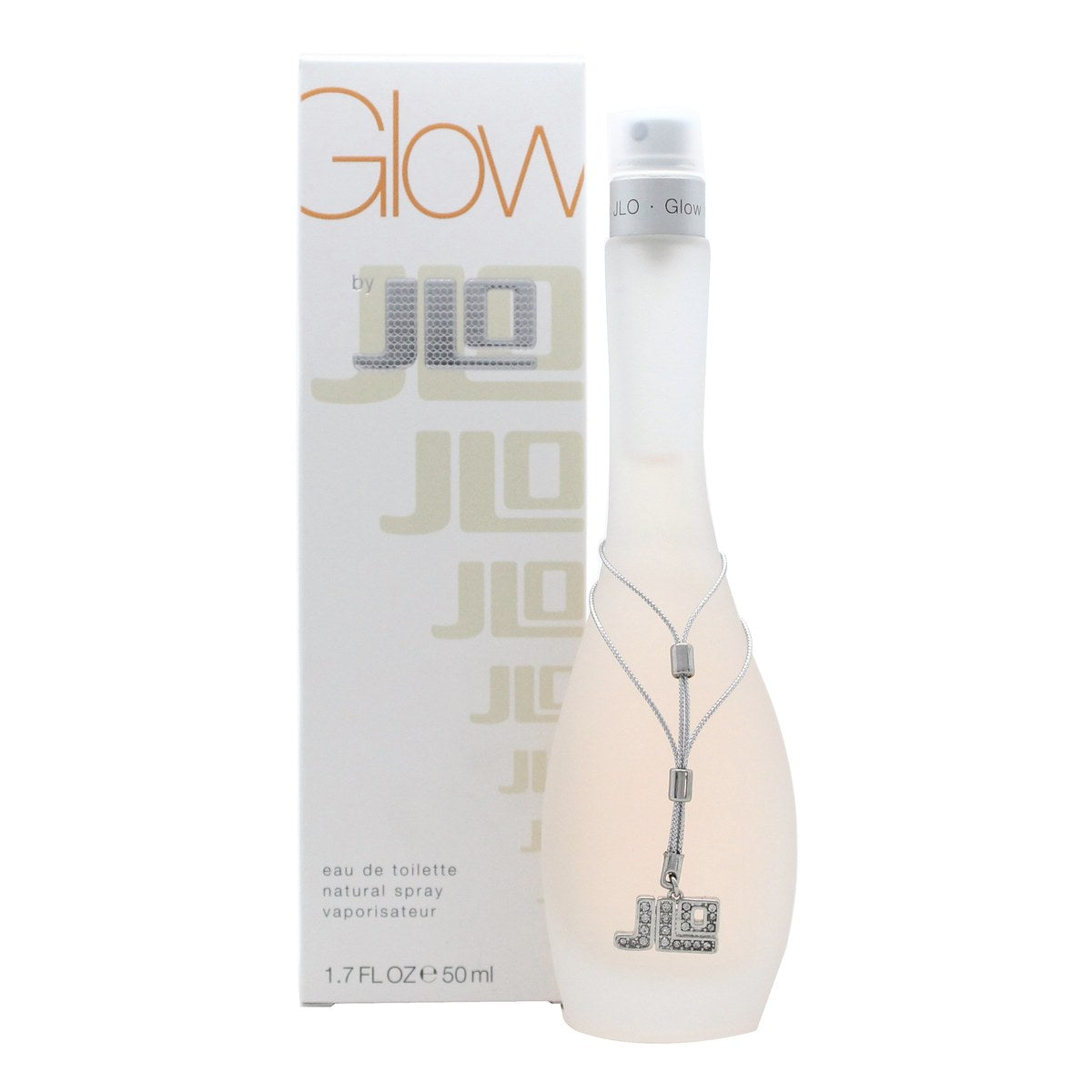 Jennifer Lopez Glow Eau de Toilette 50 ml fra Jennifer Lopez – frostet, kurvet flakon med let tone og sølvkæde ved halsen