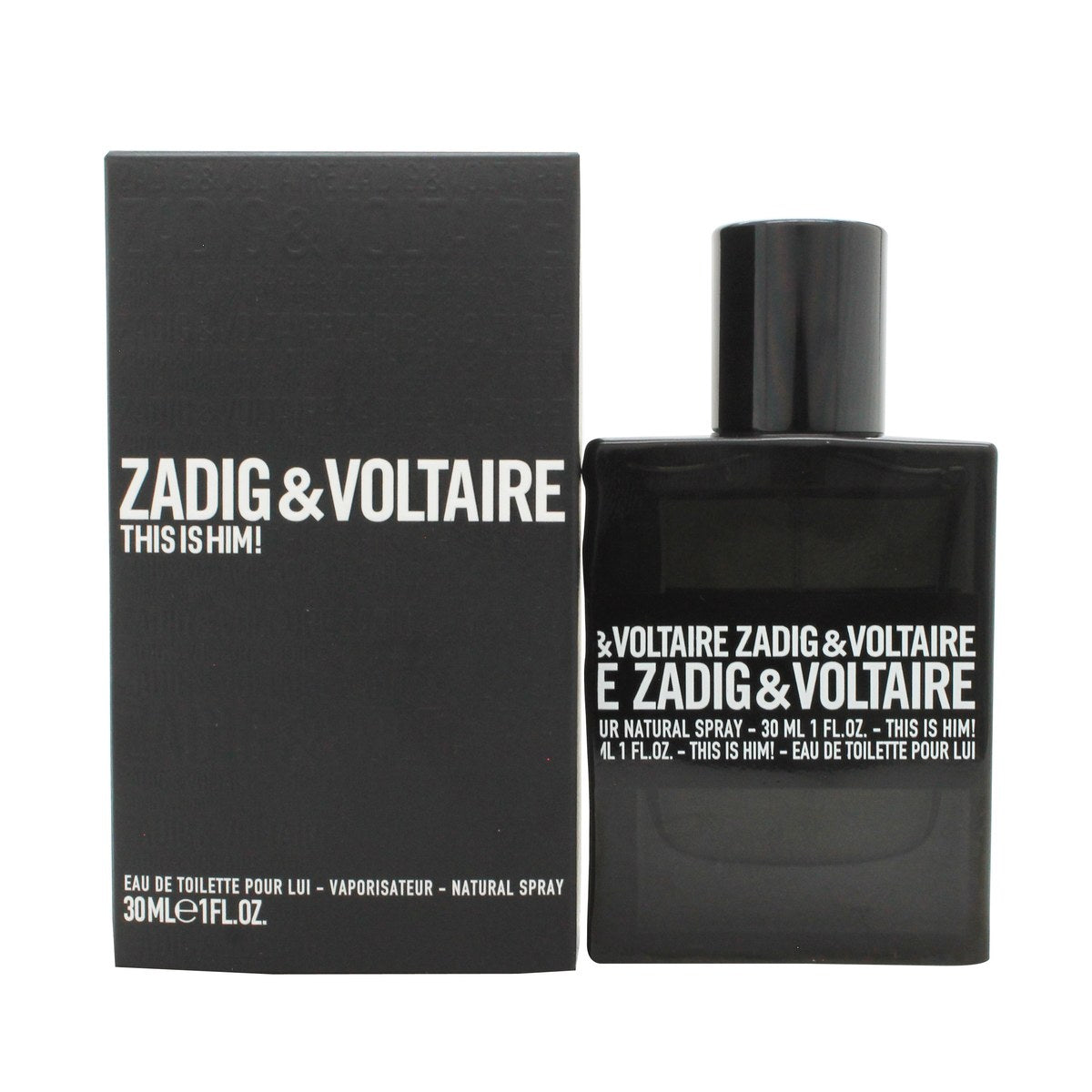 This Is Him! Eau De Toilette Zadig & Voltaire 30 ml, firkantet sort glasflaske med facetdesign og minimalistisk udtryk