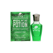 Police Potion Absinthe For Him Eau de Parfum 30 ml – mørkegrøn glasflakon formet som kranium med guldkæde og sort hætte.