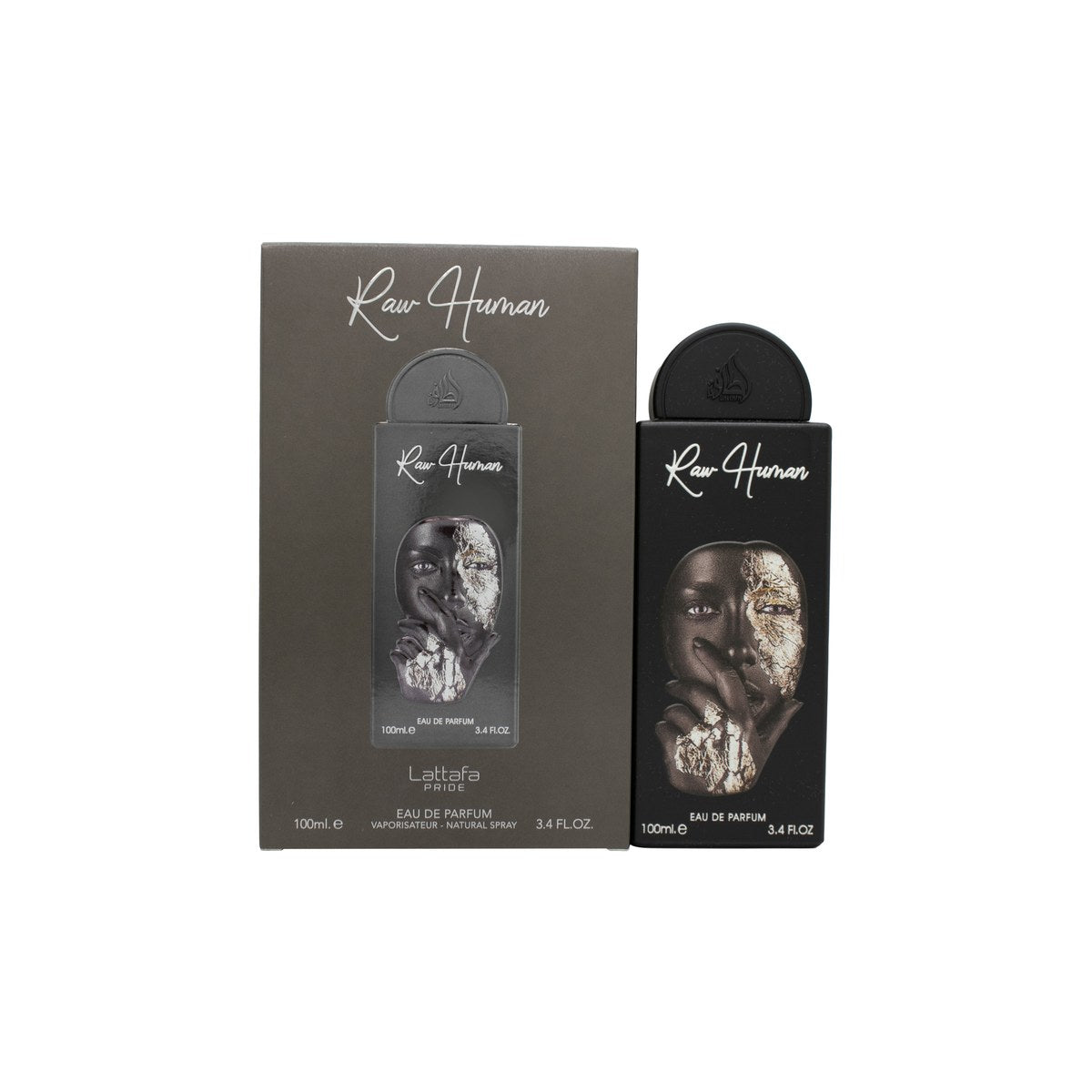 Lattafa Raw Human Eau de Parfum 100 ml fra Lattafa – sort, kantet flakon med gyldent emblem og matchende låg.