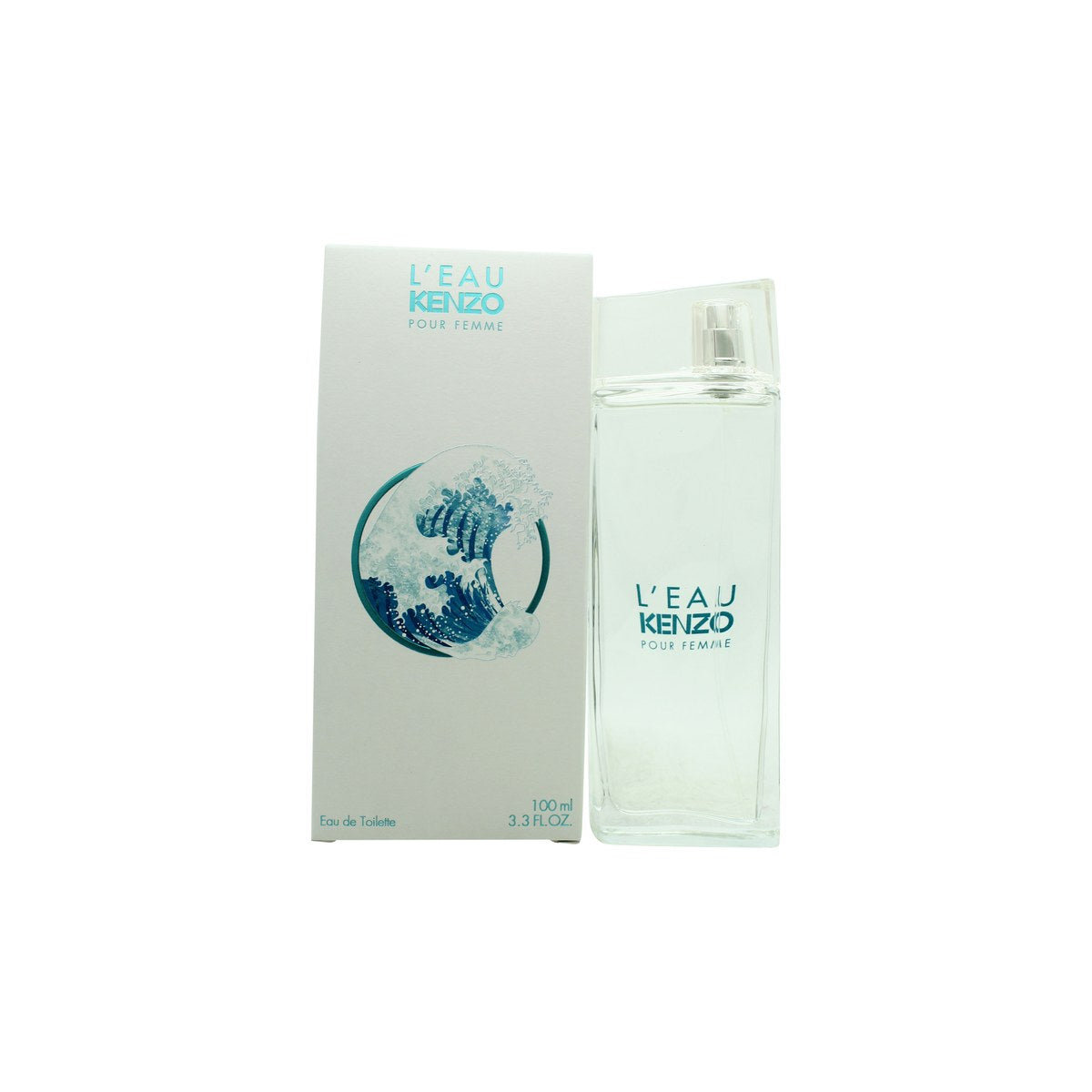 L'Eau Kenzo Pour Femme Eau De Toilette, Kenzo, 100 ml, slank klar glasflaske med lys blå tone og bladformet låg.